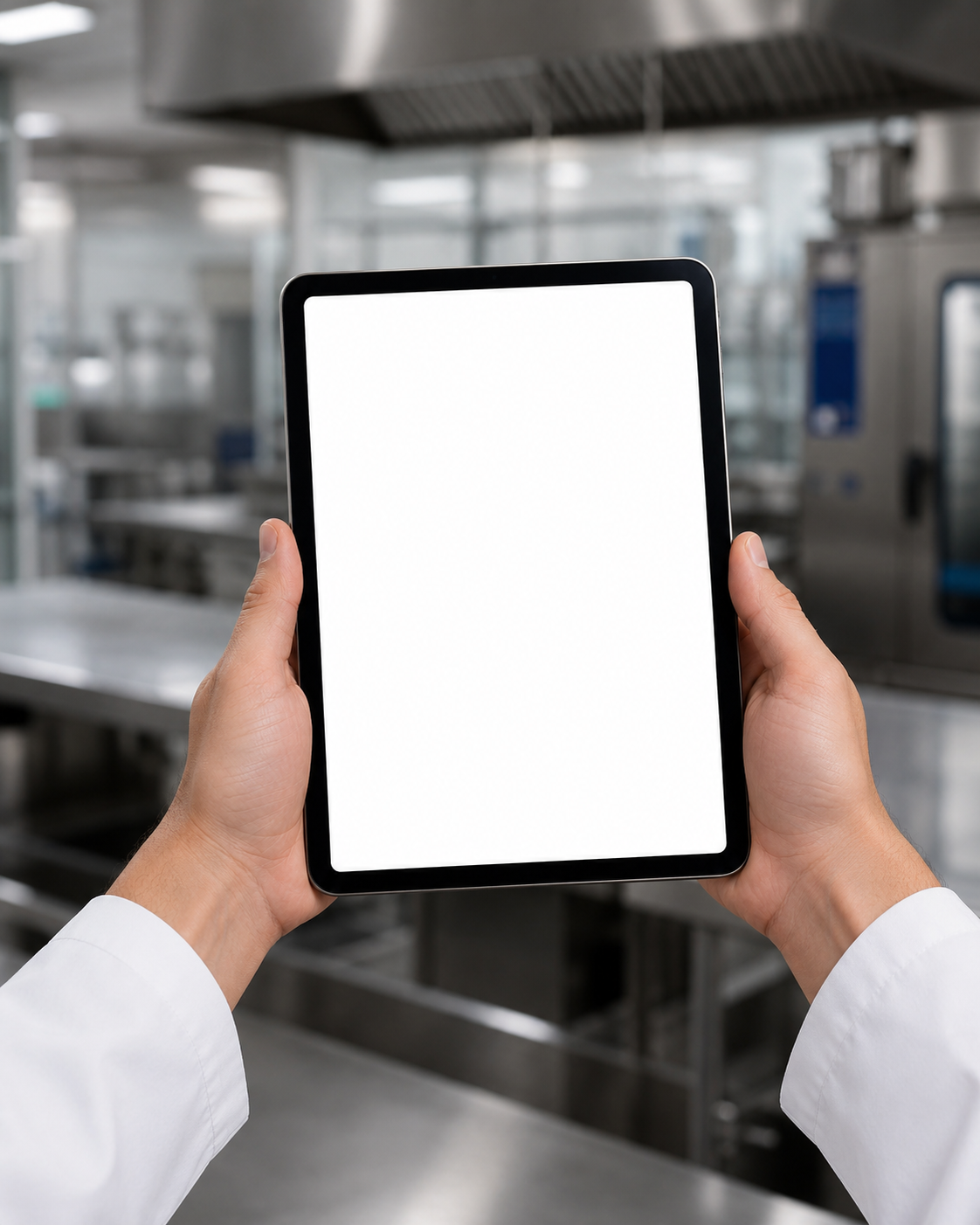 Mãos usando o BPF 360 em um tablet dentro da cozinha de produção