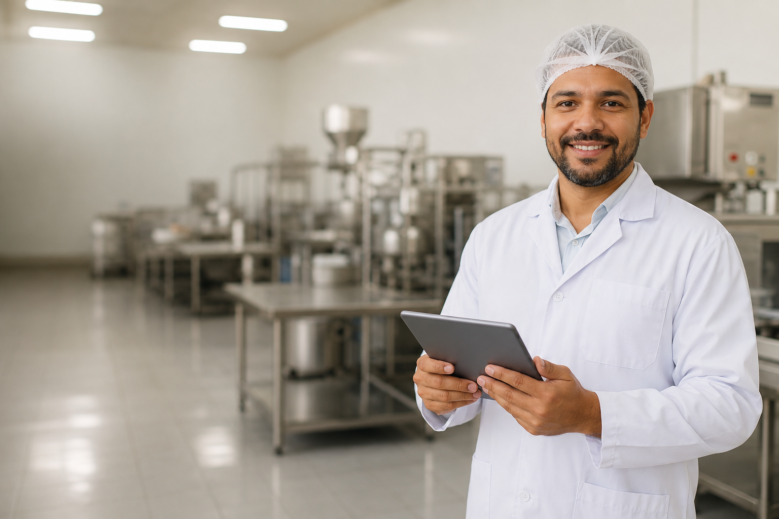 Empresário do setor de alimentos usando o BPF 360 no tablet, em uma fábrica limpa e organizada